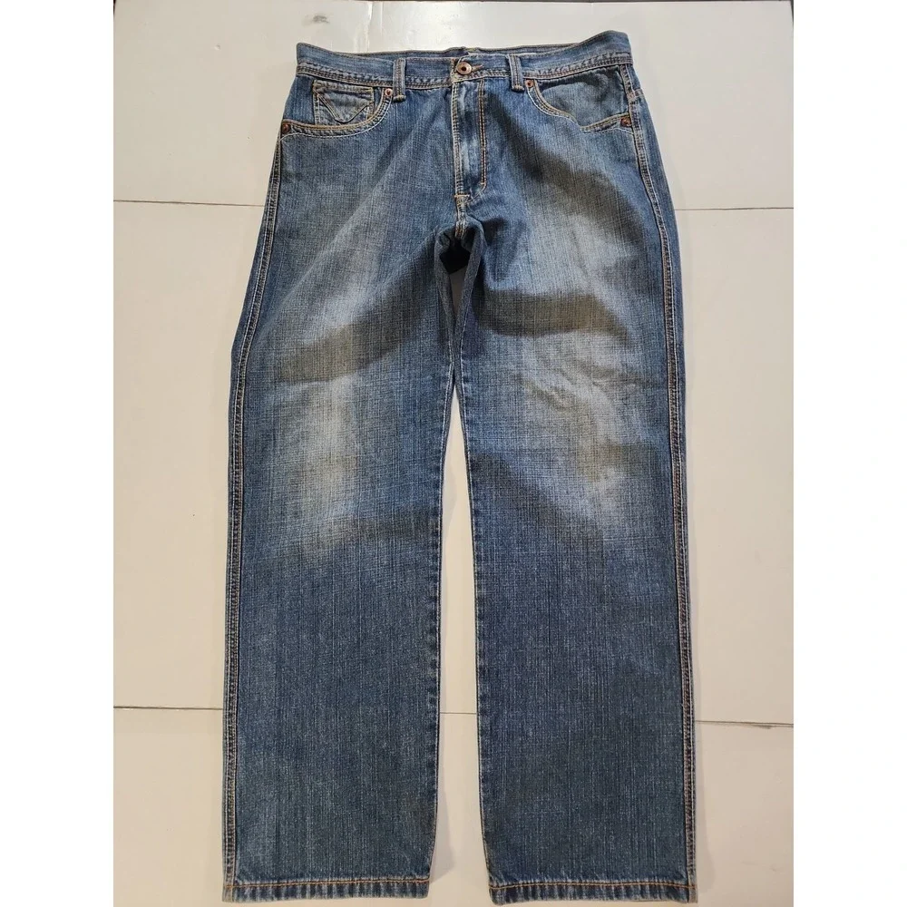 DKNY California Mens Jeans 34x30 Blue Relaxed Straight Flap Pocket Embroidered